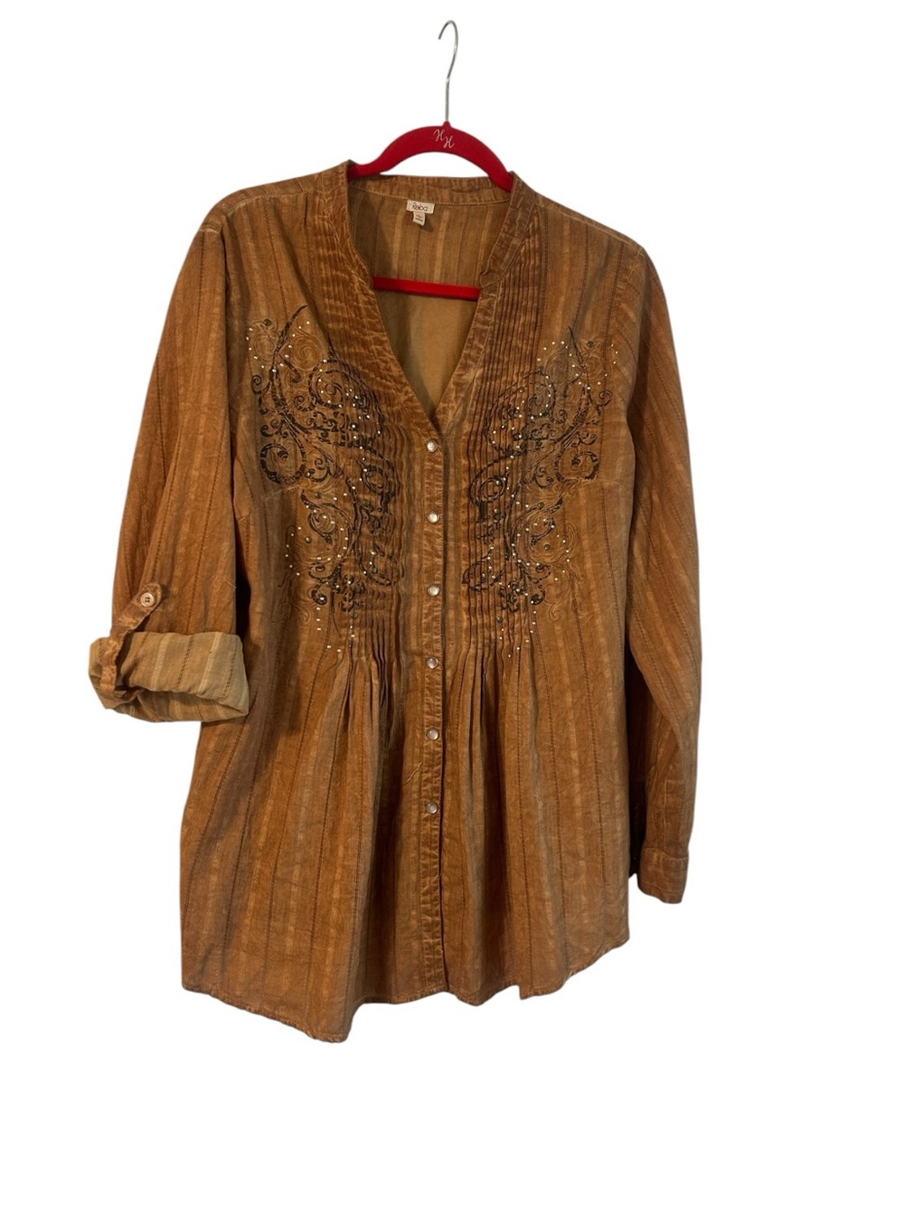 Women's Reba western style pintuck pleat gold embellishment tunic Size L